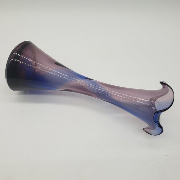 Blue Amethyst Swirl Ruffled Top Art Glass Bud Vase - Picture 3 of 12